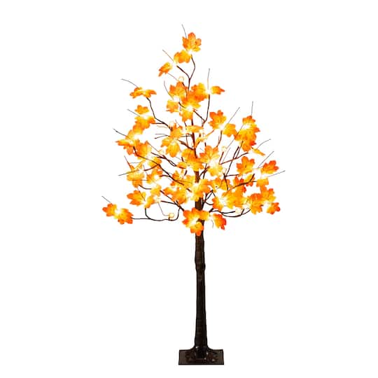 4Ft Pre-Lit Minimalist Autumn Maple Artificial Fall Tree W/ 56 LED Warm White, Orange Pumpkin Shaped Lights By Nearly Natural , 26" x 26" x 48" ,